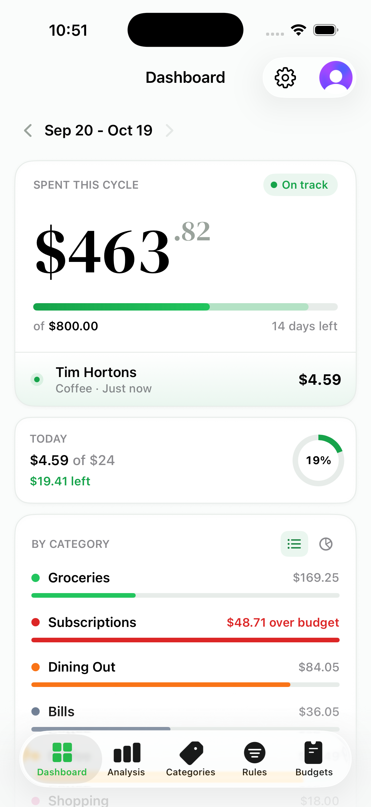 The LiveSpend dashboard on iPhone showing cycle spending, today's target, and spending by category.